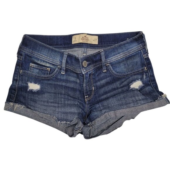 Hollister Low Rise Shorts Distressed Mini Womems Juniors Size 5 w27 Denim Blue - Picture 1 of 8